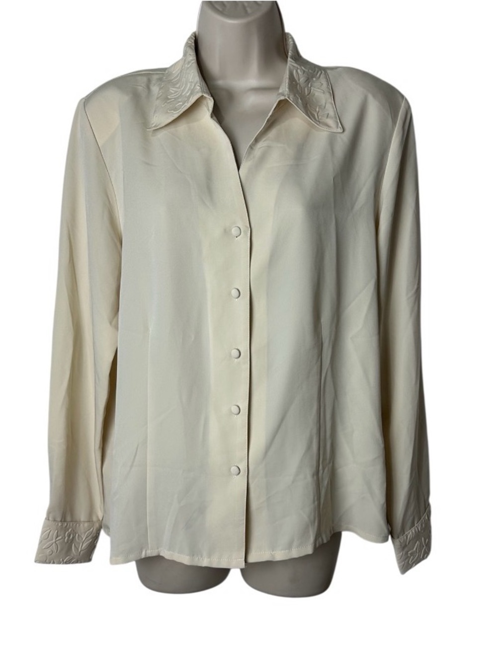 Embroidered Collar Cream Button-Down Blouse
